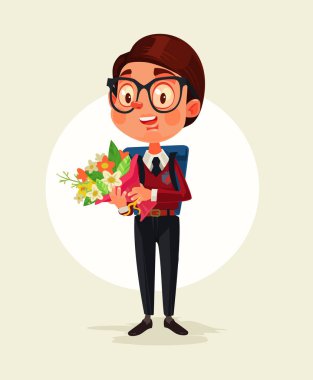 Mutlu gülümseyen öğrenci öğretmeni için buket çiçek tutun. Vektör düz çizgi film illüstrasyon