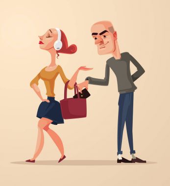 Bad pickpocket man character steals purse with money from woman bag. Vector flat cartoon illustration clipart