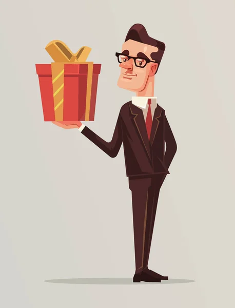 El hombre de traje de negocios tiene una gran caja de regalo. Vector plano ilustración de dibujos animados — Archivo Imágenes Vectoriales