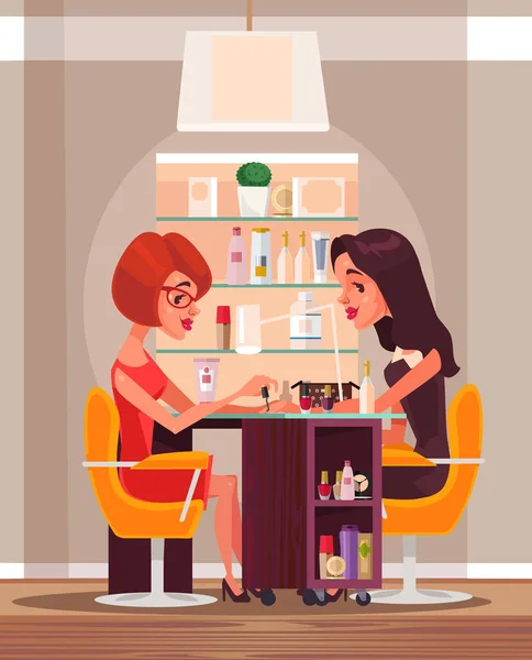 Bonne femme souriante caractère faire manucure dans le salon de beauté. Illustration vectorielle de dessin animé plat — Image vectorielle