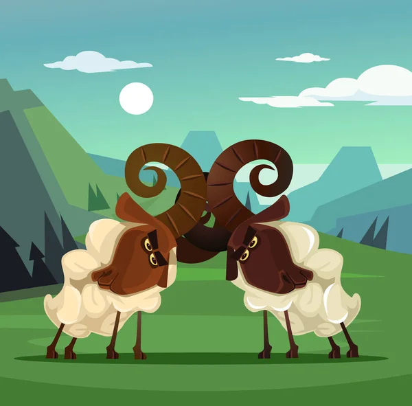 Дві вперті розлючені таранні вівці сваряться. Векторна плоска мультяшна ілюстрація — стоковий вектор