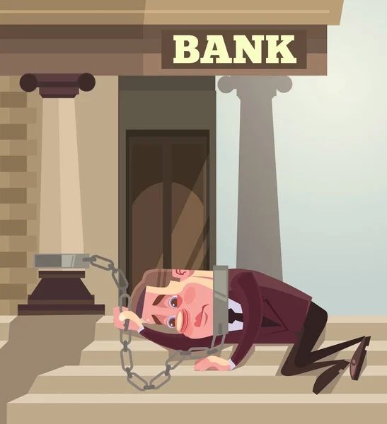 Geschäftsmann Büroangestellte Charakter an die Bank angekettet. Großkredit. Vektor flache Cartoon-Illustration — Stockvektor