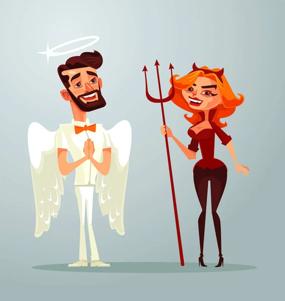 Angel man en duivel vrouw tekens. Vectorillustratie platte cartoon — Stockvector