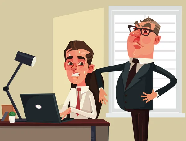 Empresário chefe rigoroso assistindo funcionários assustados personagem trabalhador de escritório. Ilustração de desenho animado plano vetorial —  Vetores de Stock