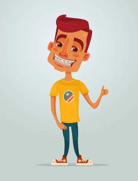 Sorrindo personagem adolescente menino feliz com sistema de suportes. Ilustração de desenho animado plano vetorial —  Vetores de Stock
