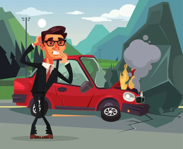 Autounfall. wütende Schreie erschrecken Opfer Geschäftsmann Büroangestellter Charakter. Vektor flache Cartoon-Illustration — Stockvektor