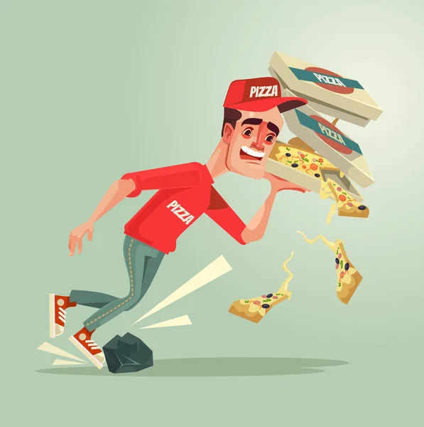Sfortunato corriere uomo personaggio inciampare sulla pietra e gocce pizza giù. illustrazione del fumetto piatto vettoriale — Vettoriale Stock