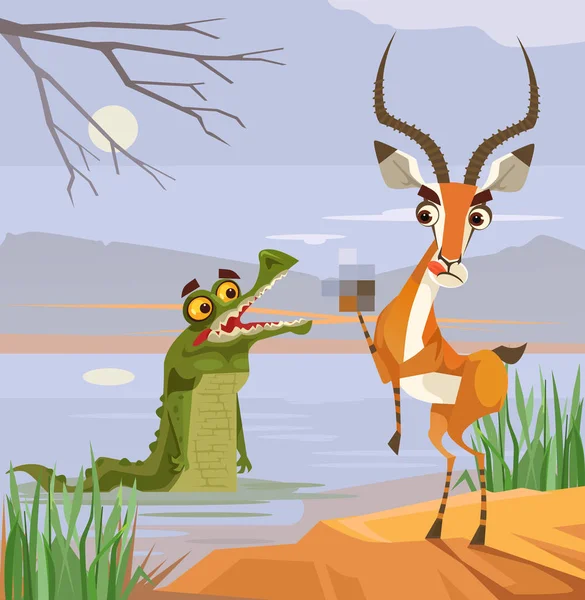 Predator timsah ve kurban antilop karakter. Vektör düz çizgi film illüstrasyon — Stok Vektör