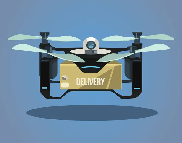 Pengiriman drone mengambil kotak. Ilustrasi kartun datar vektor - Stok Vektor