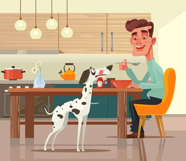 Komik mutlu köpek karakteri gıda için sorar. Vektör düz çizgi film illüstrasyon — Stok Vektör