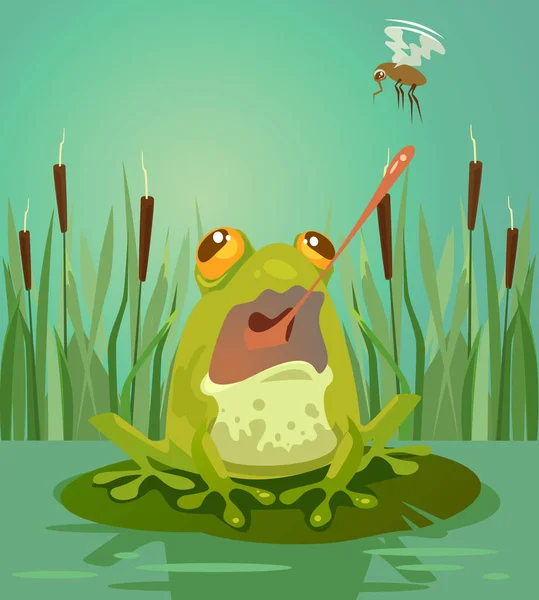 Cute frog character hunt on mosquitoes. Vector flat cartoon illustration — Stock Vector