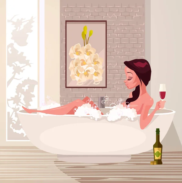 Personagem de mulher sorridente feliz tomando banho relaxante e beber vinho. Ilustração de desenho animado plano vetorial — Vetor de Stock