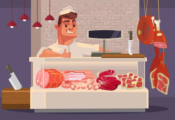 Happy smiling sales man butcher offering fresh meat. Vector flat cartoon illustration — Stock Illustration Happy smiling sales man butcher offering fresh meat. Vector flat cartoon illustration Royalty Free Stock Illustrations