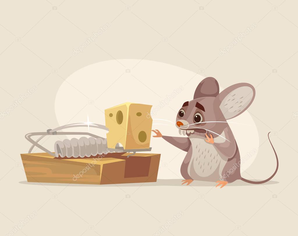 Scared mouse character trying to get cheese out of mousetrap. Vector flat cartoon illustration