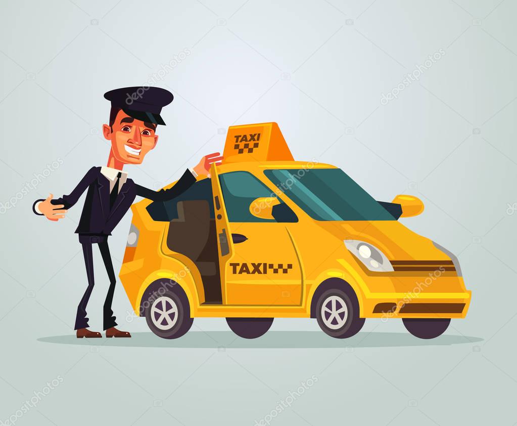 Happy smiling taxi driver character invites to travel in his car. Vector flat cartoon illustration