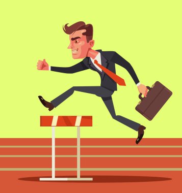 Mutlu gülümseyen işadamı karakter engel engellerin üzerinden atlama. İş başarı. Vektör düz çizgi film illüstrasyon