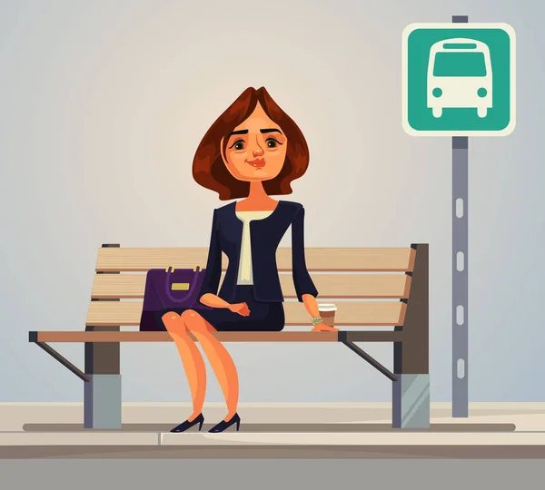 Business woman office worker character waiting for bus.  Vector flat cartoon illustration — Stock Vector