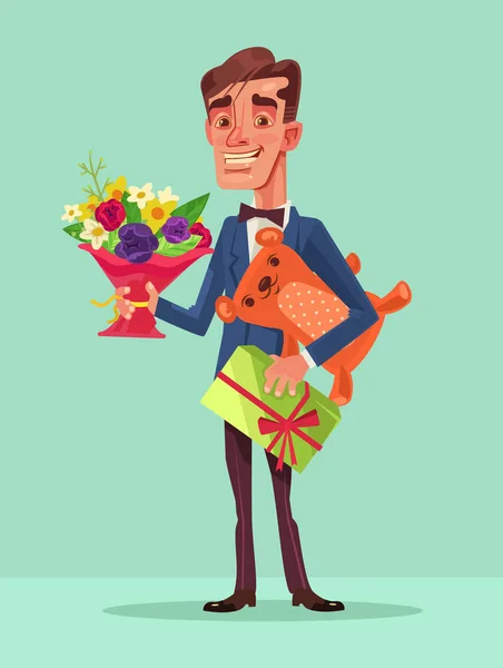 Felice uomo sorridente tenere un sacco di regali. illustrazione del fumetto piatto vettoriale — Vettoriale Stock