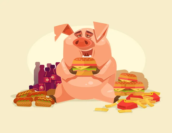 Personagem de porco gordo sorridente feliz comendo fast food insalubre. Problemas de obesidade. Ilustração de desenho animado plano vetorial — Vetor de Stock