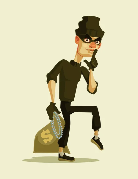 Feliz personaje ladrón sonriente llevando bolsa de dinero robado. Vector plano ilustración de dibujos animados — Vector de stock