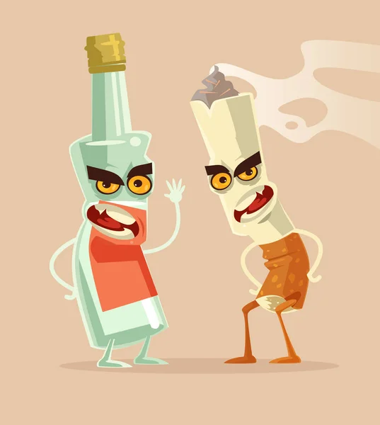 Boos fles glas wodka en sigaret tekens beste vrienden. Slechte gewoonten. Drinken en roken verslaving. Vectorillustratie platte cartoon — Stockvector
