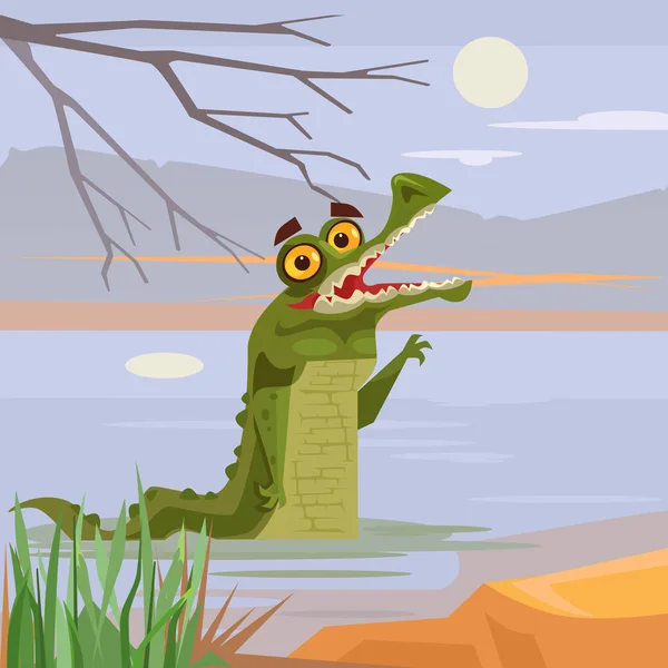 Glücklich lächelnde Krokodilalligatorfiguren, die aus dem Wasser schauen. Vektor flache Cartoon-Illustration — Stockvektor