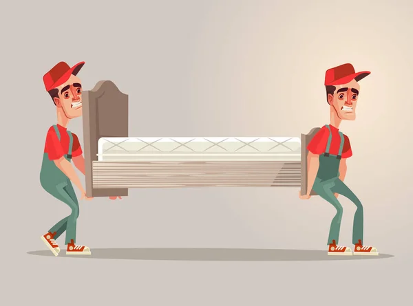 Carregadores infelizes personagens homens carregam cama. Ilustração de desenho animado plano vetorial — Vetor de Stock