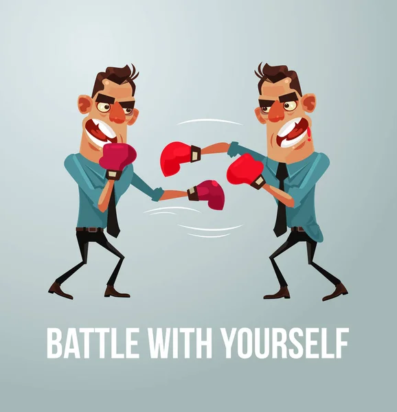 Man character struggles with himself. Battle with yourself. Vector flat cartoon illustration — Stock Vector