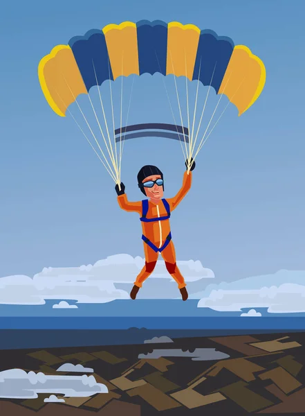 Cielo buceo feliz deportista sonriente saltar y volar con paracaídas abierto. Vector plano ilustración de dibujos animados — Vector de stock