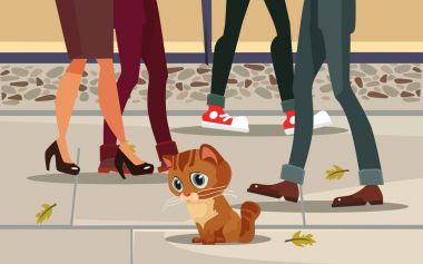 Sad lonely homeless lost poor little cat child character sitting on street. People past away. Vector flat cartoon illustration clipart
