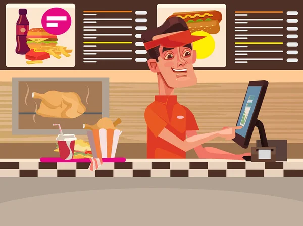 Fast food kávézó. Boldog mosolygó pénztár férfi karakter. Vektor lapos rajzfilm illusztráció — Stock Vector