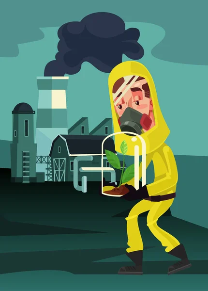 Грустный человек характер в защитном костюме маски держать зеленый завод для сохранения. Загрязнение окружающей среды. Глобальное потепление и зеленый дом. Векторная плоская иллюстрация — стоковый вектор