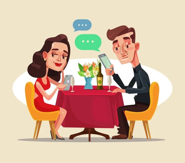 Pareja dos hombres y mujeres personajes sentados en la cafetería en la fecha y el uso de la red social de teléfonos inteligentes. Vector plano ilustración de dibujos animados — Vector de stock