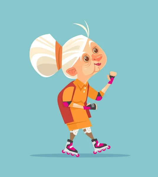 Happy glimlachend oude vrouw grootmoeder teken op rolschaatsen. Vectorillustratie platte cartoon — Stockvector