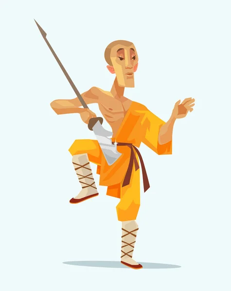 Человек-воин Монах Шаолинь стоит в позе с оружием. Векторная плоская иллюстрация — стоковый вектор