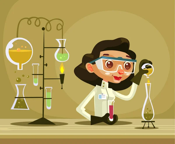 幸せな笑顔の女性科学者キャラクターは、フラスコを保持します。ベクトル フラット漫画イラスト — ストックベクタ