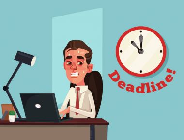 Mutsuz meşgul üzgün office çalışan işadamı karakter. Son tarih. Vektör düz çizgi film illüstrasyon
