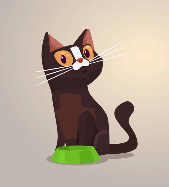 Personagem de gato sorridente feliz senta-se perto tigela. Ilustração de desenho animado plano vetorial — Vetor de Stock