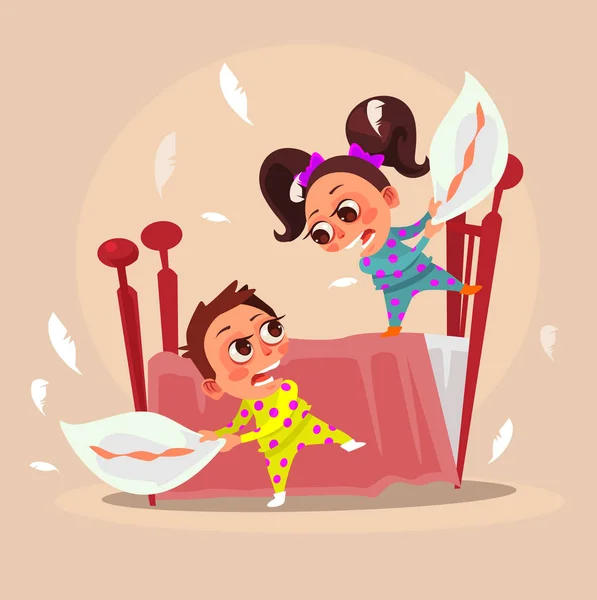 Happy smiling little children brother boy and sister girl characters fight with pillows. Vector flat cartoon illustration — Stock Vector