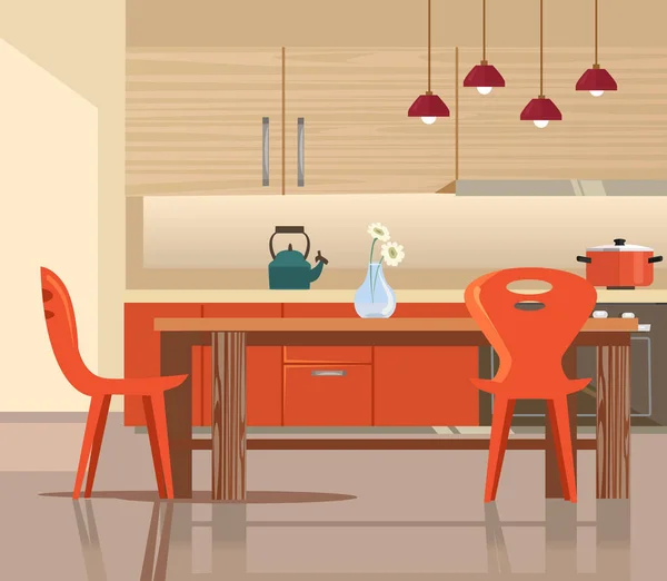 Interior de la cocina del hogar. Vector plano ilustración de dibujos animados — Vector de stock