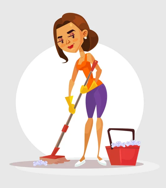 Kadın ev kadını karakter paspas tutar ve yere yıkar. Vektör düz çizgi film illüstrasyon — Stok Vektör