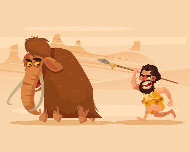 Angry hungry primitive caveman character chasing running hunting mammoth. Vector flat cartoon illustration clipart