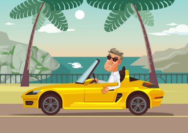 Mutlu başarılı işadamı karakter araba cabriolet oturan gülümsüyor. Vektör düz çizgi film illüstrasyon