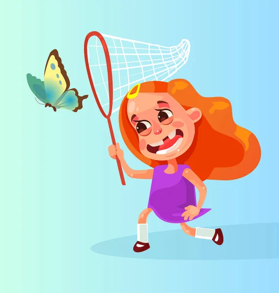 Feliz sorrindo mascote personagem menina isolada jogando e correndo atrás de borboleta. Ilustração de desenho animado plano vetorial —  Vetores de Stock