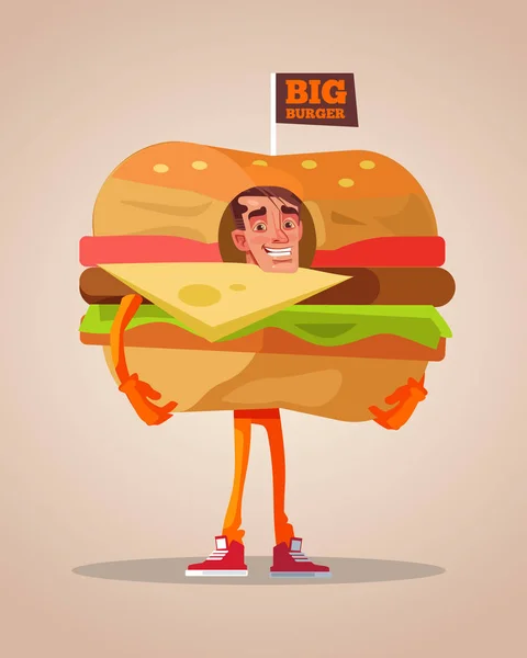 Gelukkig Glimlachende man promotor karakter mascotte gekleed in hamburger pak. Vectorillustratie platte cartoon — Stockvector