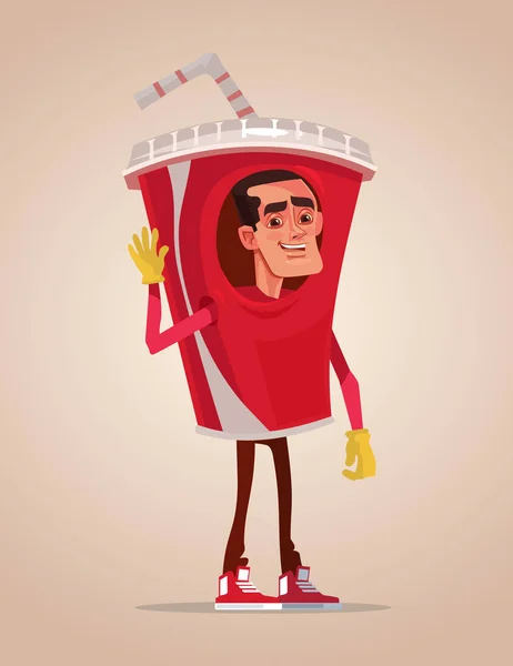 Gelukkig Glimlachende man promotor karakter mascotte gekleed in soda pak. Vectorillustratie platte cartoon — Stockvector