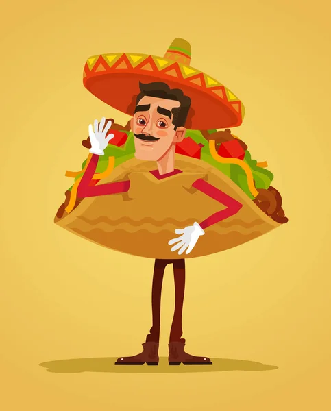 Ευτυχισμένος χαμογελαστός άνθρωπος υποστηρικτής μασκότ χαρακτήρα ντυμένος με κοστούμι tacos. Επίπεδη καρτούν εικονογράφηση φορέα — Διανυσματικό Αρχείο