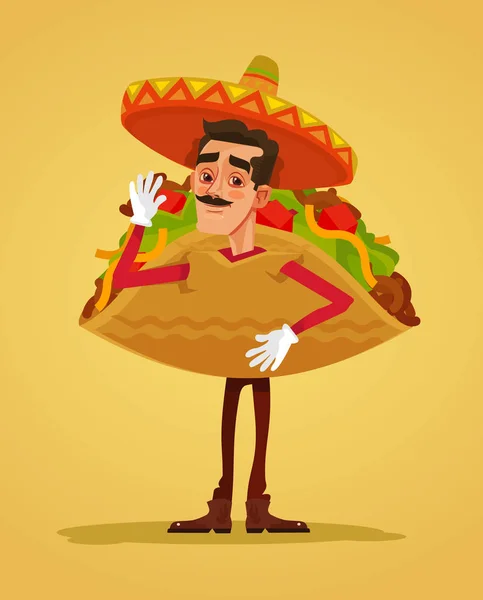 Feliz homem sorridente promotor mascote personagem vestido com tacos terno. Ilustração de desenho animado plano vetorial — Vetor de Stock