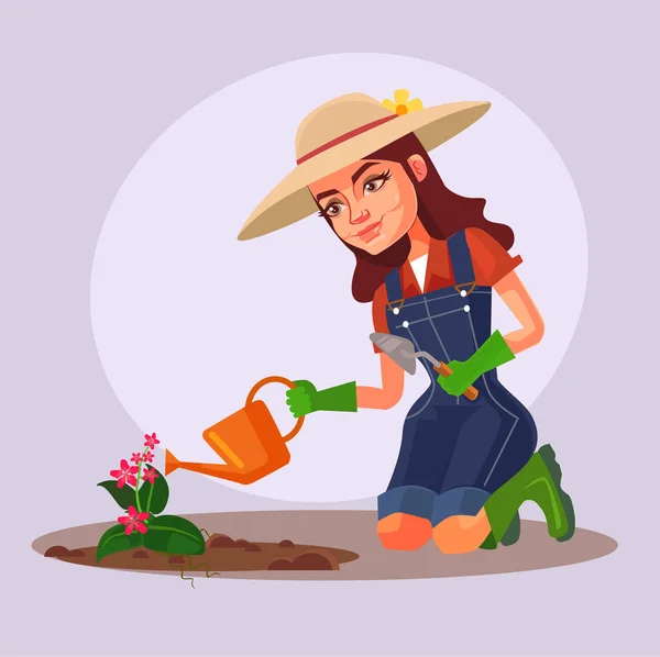 Happy smiling woman character working in garden and watering flowers. Vector flat cartoon illustration — Stock Vector