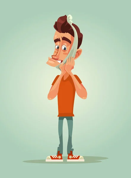 Triste personagem homem infeliz com dor de dente e bandagem. Ilustração de desenho animado plano vetorial —  Vetores de Stock